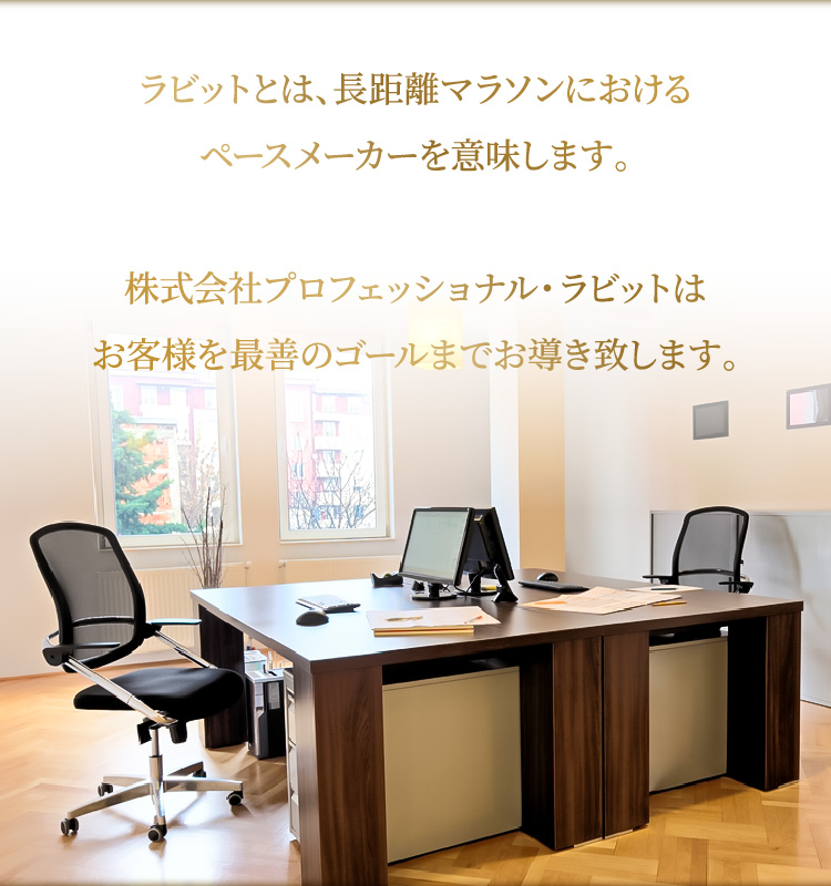 ラビットとは、長距離マラソンにおけるペースメーカーを意味します。株式会社プロフェッショナル・ラビットはお客様を最善のゴールまでお導き致します。